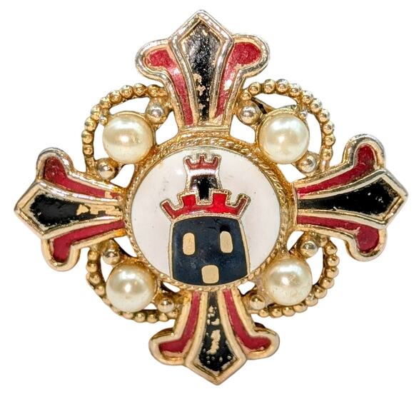 Vintage Signed Coro 2.25" Heraldic Red Navy Faux Pearl Maltese Cross Brooch - Picture 1 of 3